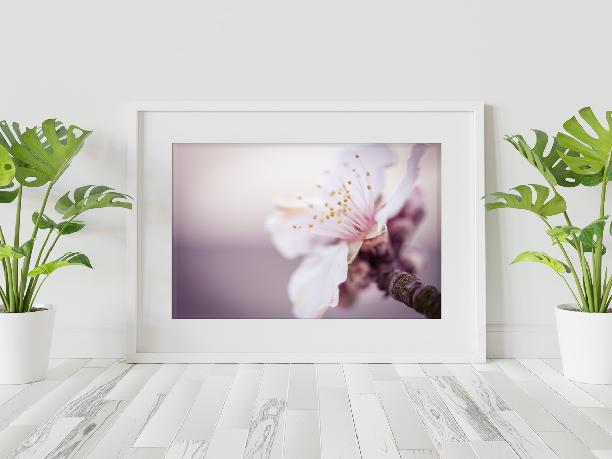 White frame leaning on floor in interior mockup. Template of a p